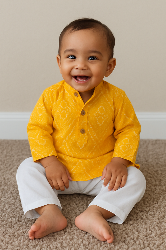 Boys  cotton kurta pajama, yellow Bandhani kurta set
