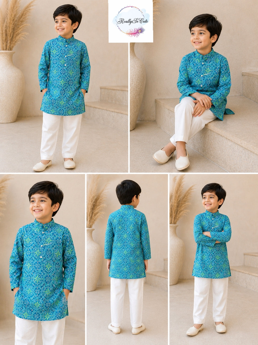 Blue Bandhani Print Boys Kurta Pajama Set in Soft Cotton, Kids Bandhani Outfit USA