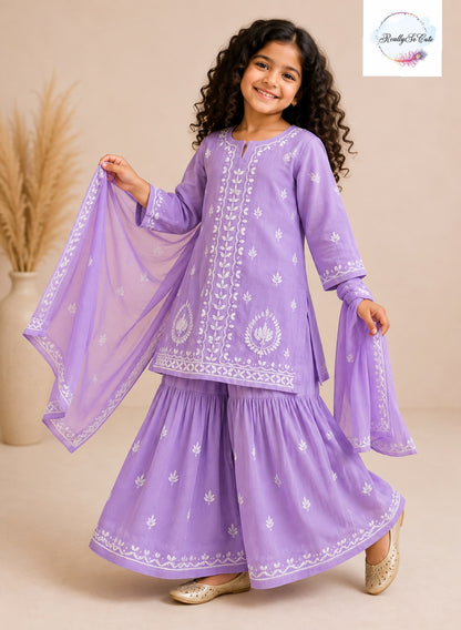 Girls Purple Pure Georgette 4-Piece Handwork Chikankari Sharara Set