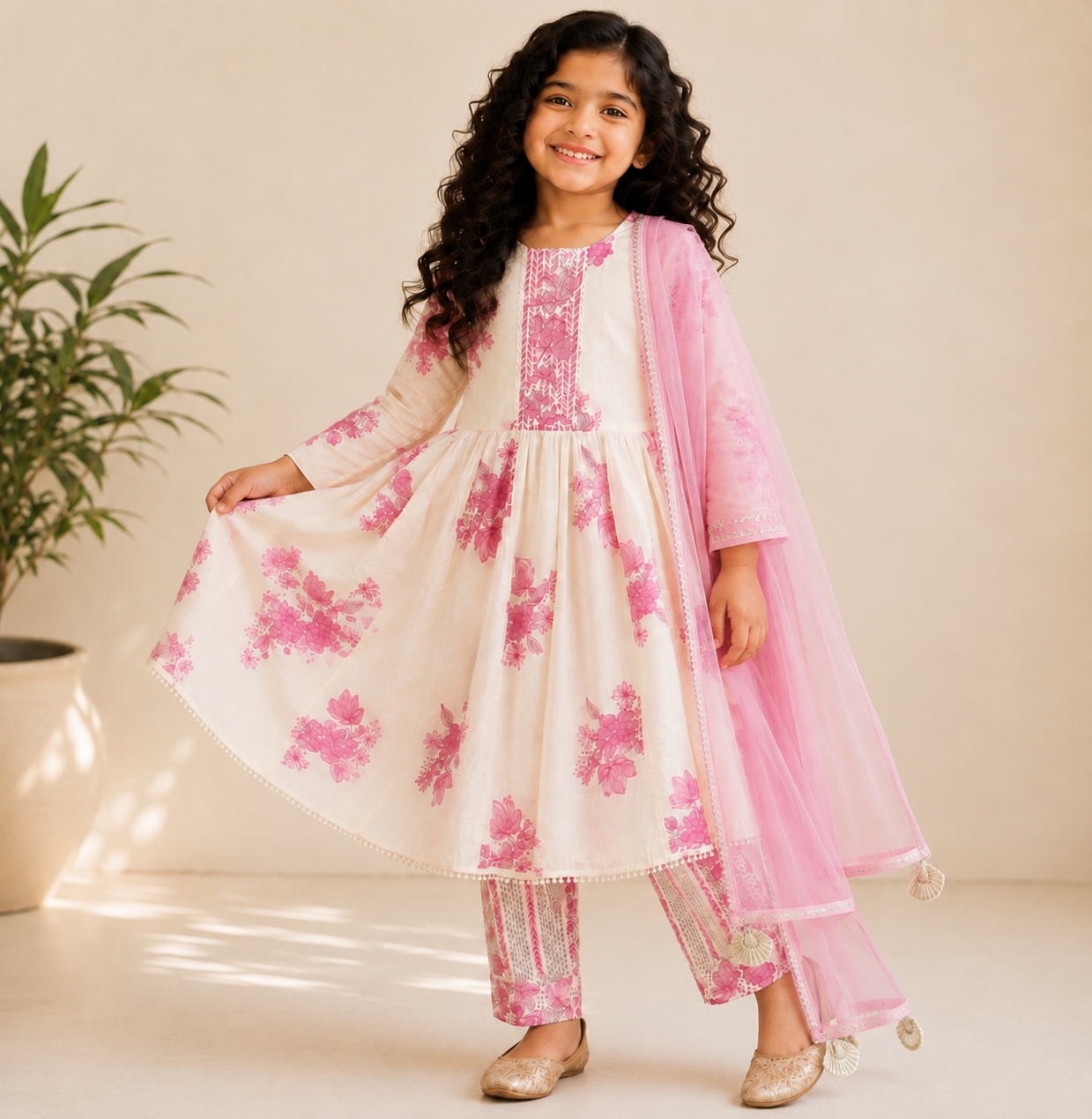 Ivory & Pink Floral Pure Cotton Girls Anarkali Set with Dupatta