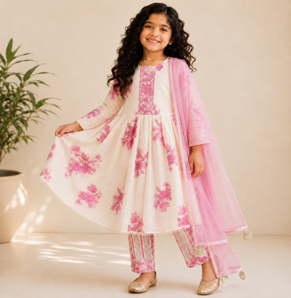 Ivory & Pink Floral Pure Cotton Girls Anarkali Set with Dupatta