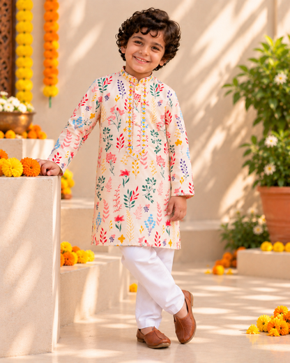 Pure Cotton Floral Kurta Pajama Set for Boys | Sibling Combo Available