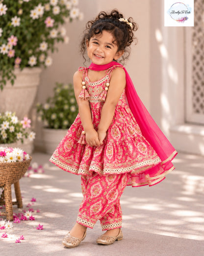 Girls Pure Cotton Floral Ethnic Set with Dupatta | Sibling Combo