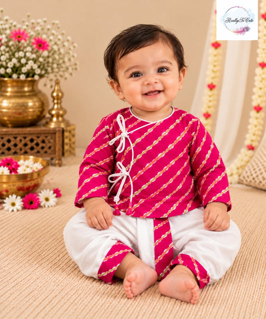 Rani pink Leheriya Print Pure Cotton Angrakha Kurta & Dhoti Set | 0–2Y
