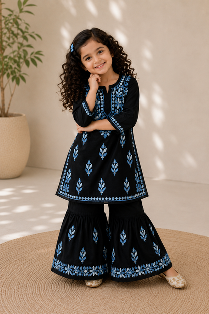Girls Black & blue Handwork Chikankari Sharara Set | Soft Cotton