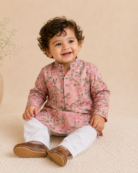 Pink Floral Boys Cotton Kurta Pajama Set | Newborn-15Y | Matching Sibling Outfit