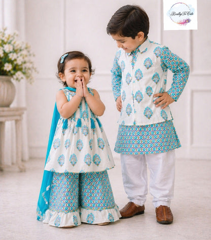 Aqua Blue block print jacket kurta pajama set, boy kurta pajama