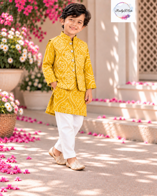 Yellow  Bandhani Kurta Pajama Jacket Set