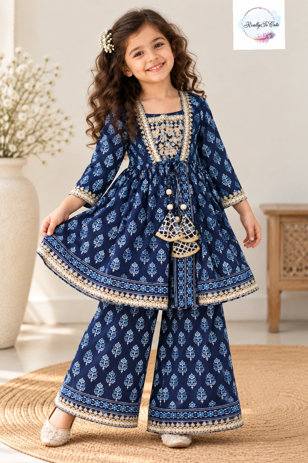 Girls Navy Blue Floral Print 3-Piece Ethnic Sharara Set with Embroidered Jacket