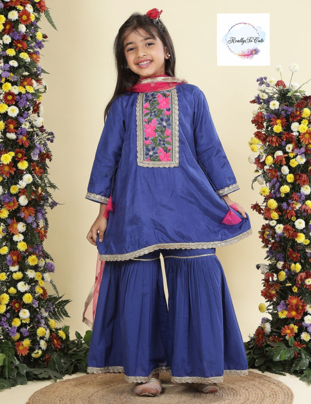 Blue chanderi kurti sharara dupatta set, Muslin silk kurta sharara