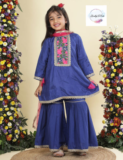 Blue chanderi kurti sharara dupatta set, Muslin silk kurta sharara
