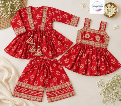 Red Floral Printed Girls 3-Piece Ethnic Sharara Set with Gold Embroidery