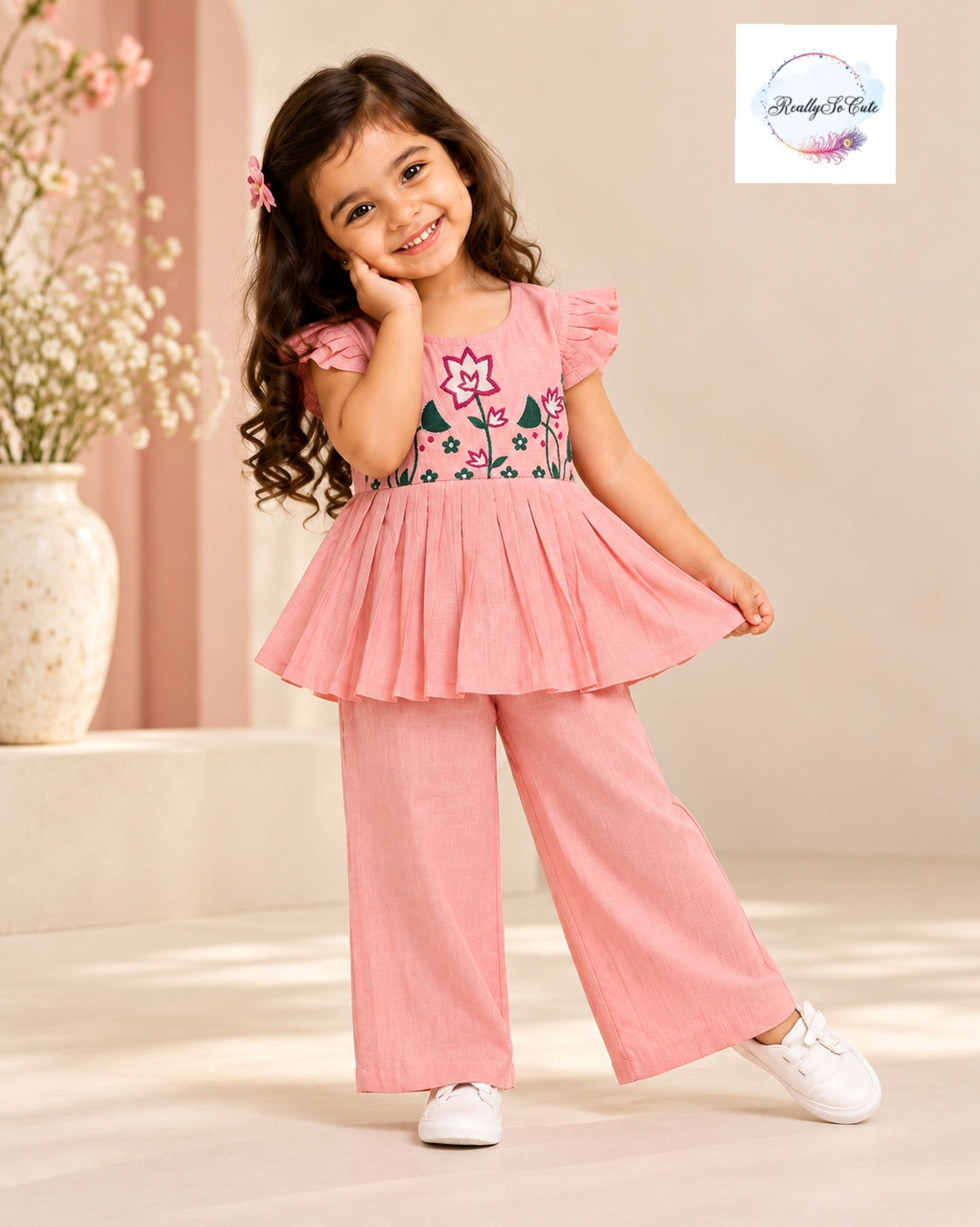 Girls Pink Floral Embroidered Chanderi Muslin Peplum Top & Pant Set