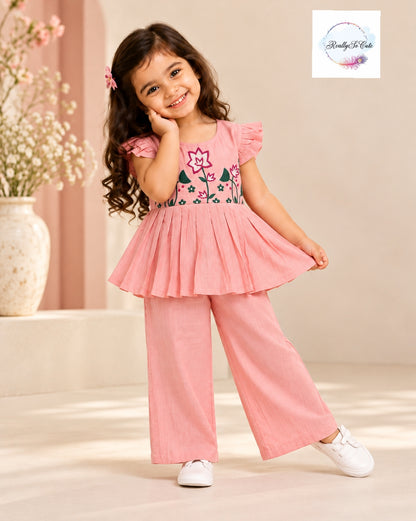 Girls Pink Floral Embroidered Chanderi Muslin Peplum Top & Pant Set