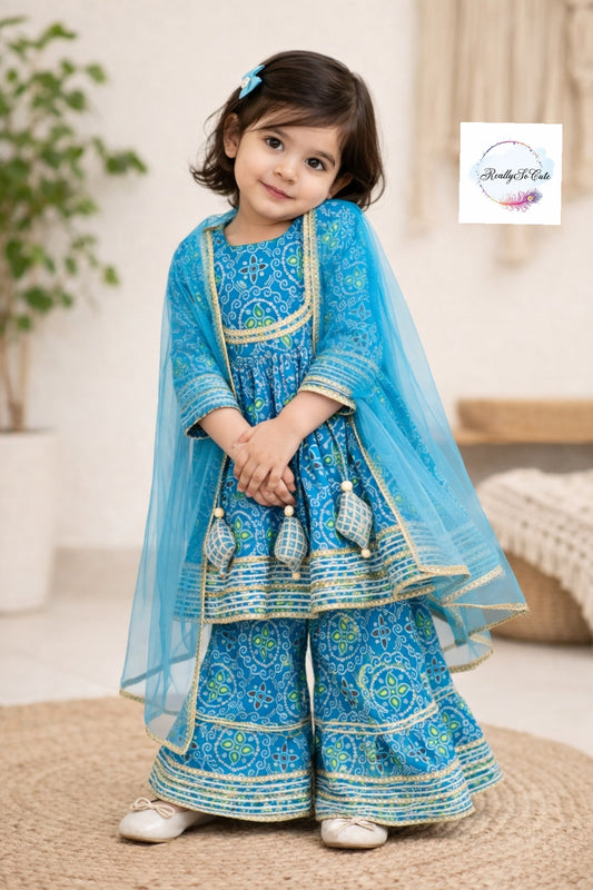 Blue Bandhani Cotton Sharara Set for Girls (3M–14Y) | Soft Ethnic Kidswear