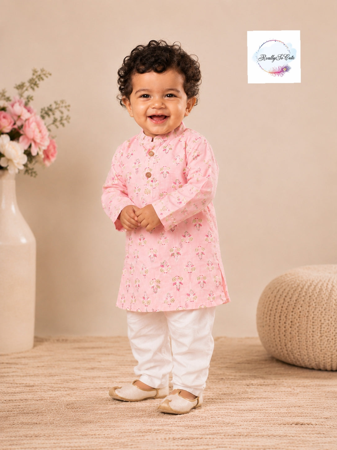 Blush Pink Floral Pure Cotton Boys Kurta Pajama Set