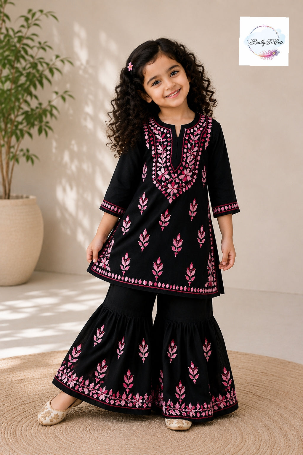 Girls Black & Pink Handwork Chikankari Sharara Set | Soft Cotton