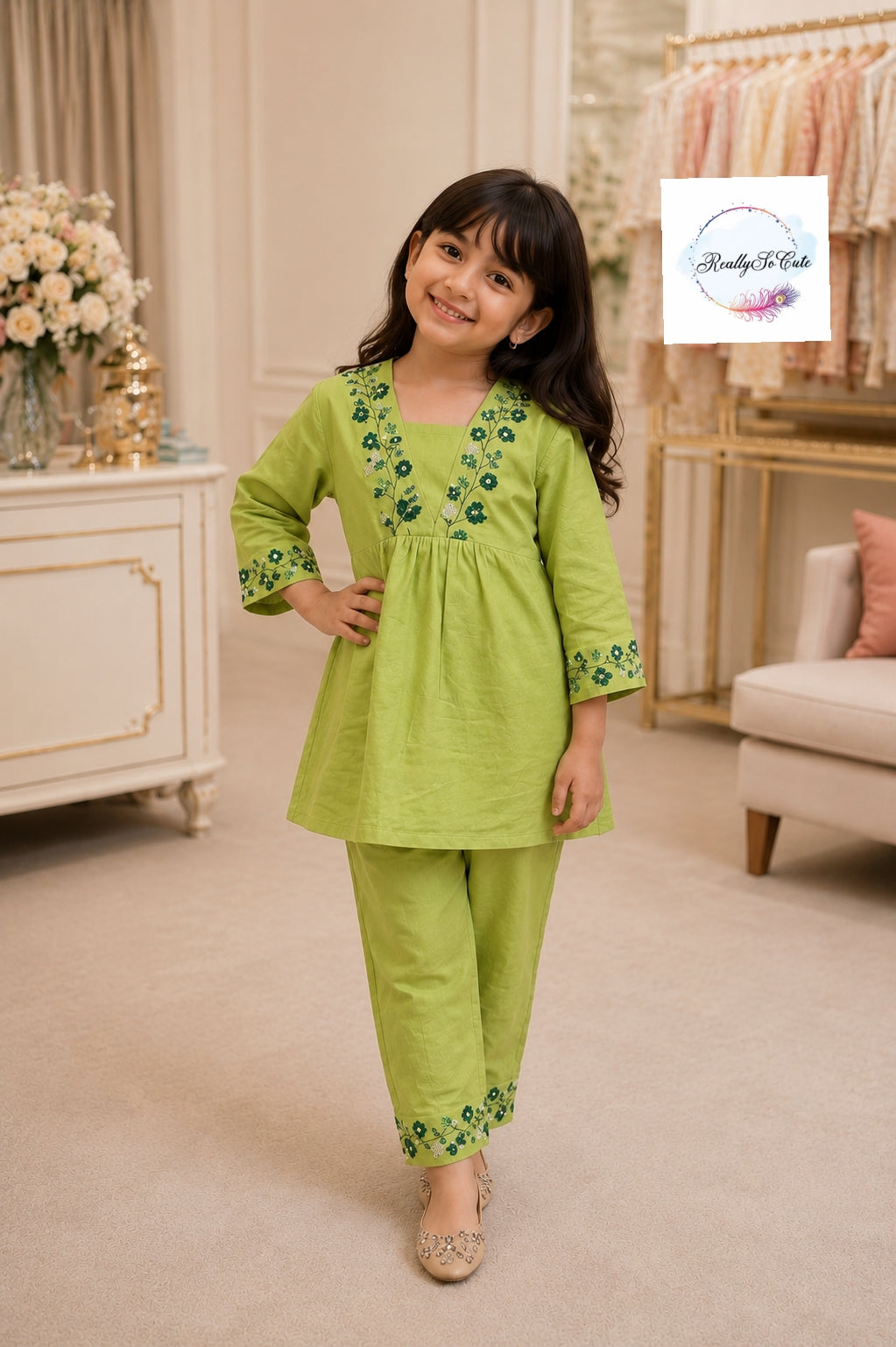 Lime Green Embroidered Pure Cotton Co-Ord Set for Girls | Matching Mom & Daughter Outfit