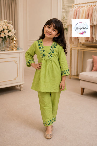 Lime Green Embroidered Pure Cotton Co-Ord Set for Girls | Matching Mom & Daughter Outfit