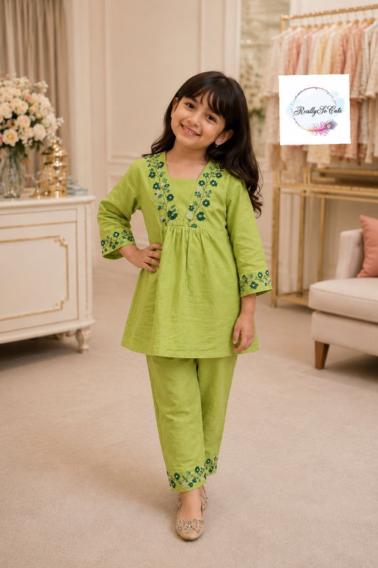 Lime Green Embroidered Pure Cotton Co-Ord Set for Girls | Matching Mom & Daughter Outfit