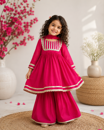 Hot pink Girls 3 piece sharara Kurti set, Soft Georgette kurti sharara set