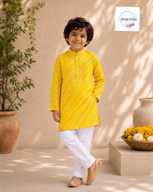 Sunshine Yellow Mirror Work Kurta Pajama Set for Boys