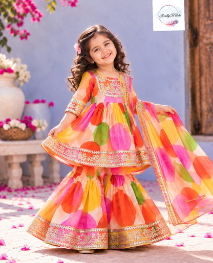 Girls Multicolor Printed Pure Cotton Sharara Set with Dupatta | Festive Ethnic Wear