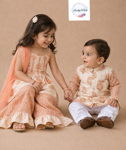 Block print jacket kurta pajama set, boy kurta pajama, Peach Block print
