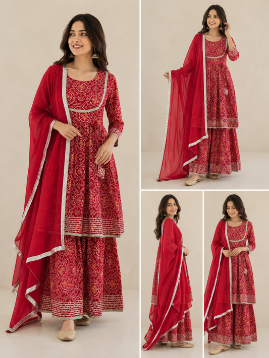 Red Bandhani Cotton Kurta Set for Women with Dupatta | Pure Cotton Ethnic Wear | Sizes S–XXL