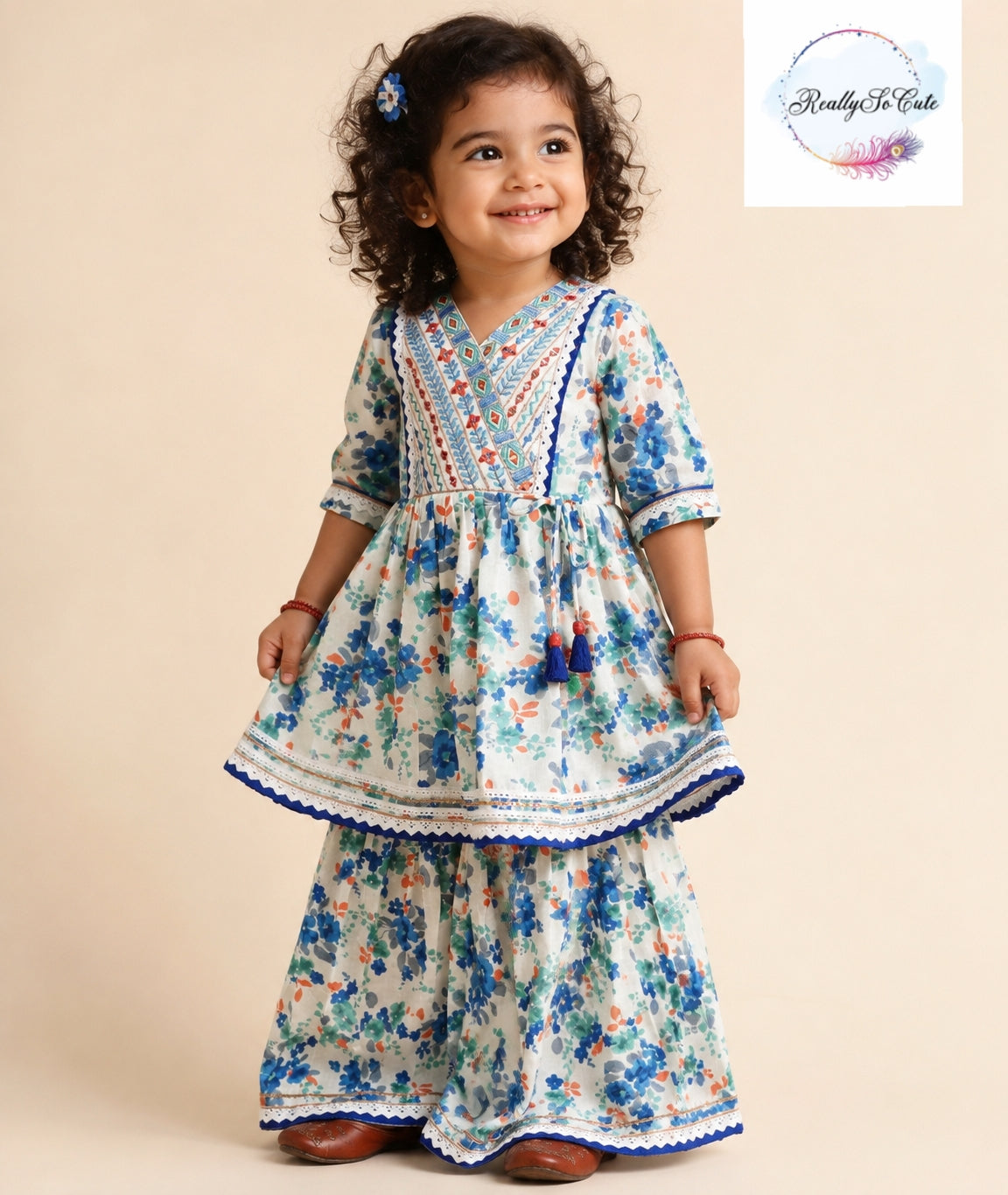 Blue Floral Cotton Sharara Set for Girls | Embroidered Ethnic Wear with Tassel Tie | Sizes 18M–10 Years |