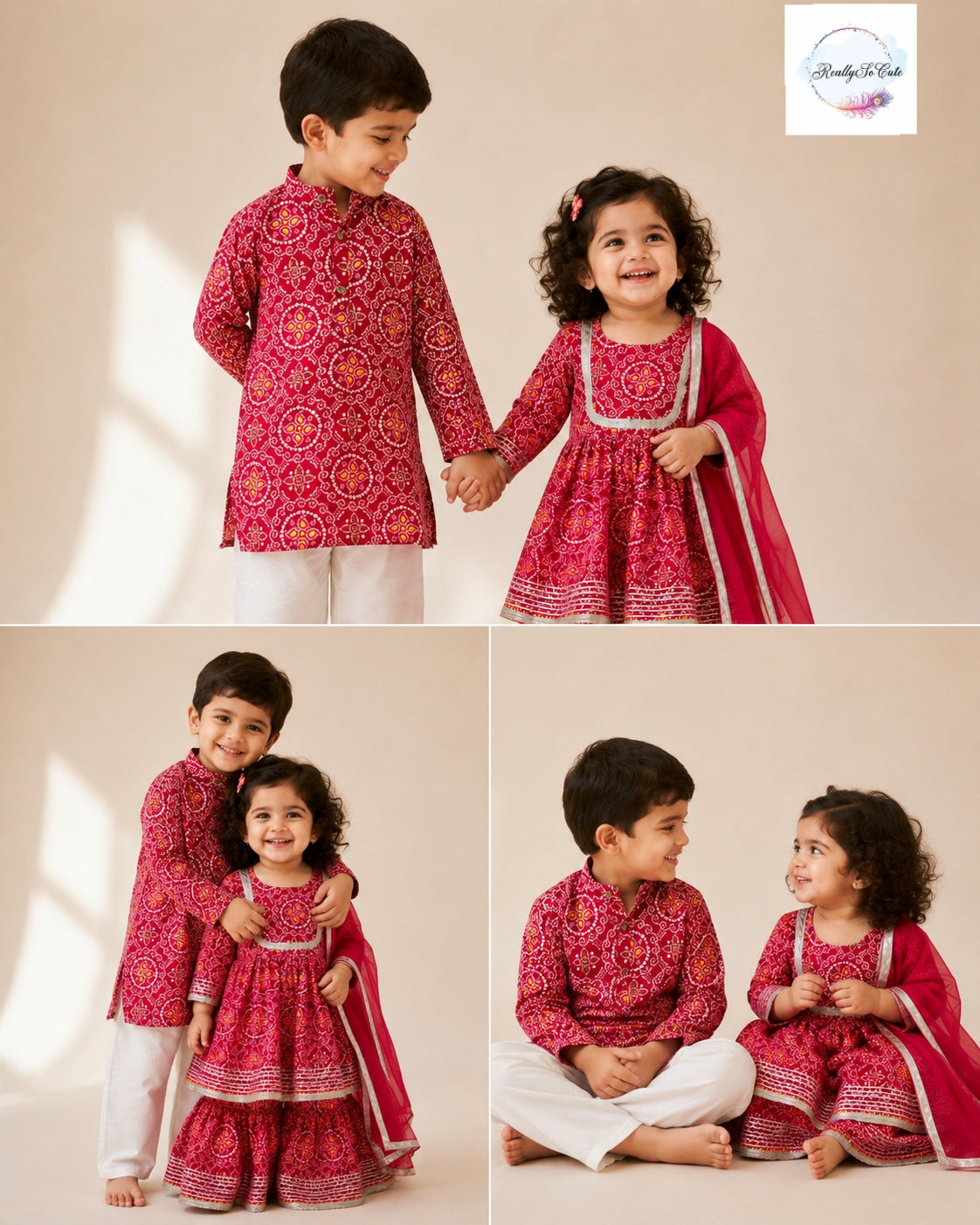 Red Bandhani Print Boys Kurta Pajama Set in Soft Cotton, Kids Bandhani Outfit USA