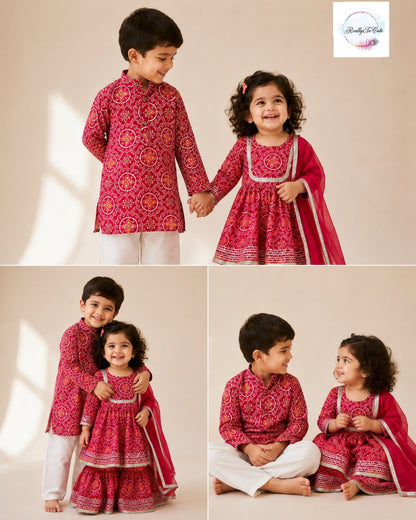Red Bandhani Print Boys Kurta Pajama Set in Soft Cotton, Kids Bandhani Outfit USA