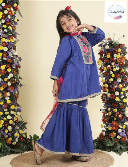 Blue chanderi kurti sharara dupatta set, Muslin silk kurta sharara