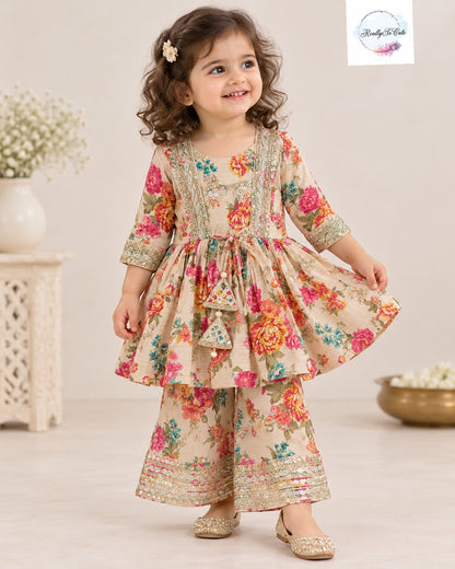 Beige Floral Muslin 3-Piece Girls Sharara Palazzo Set with Embellished Jacket