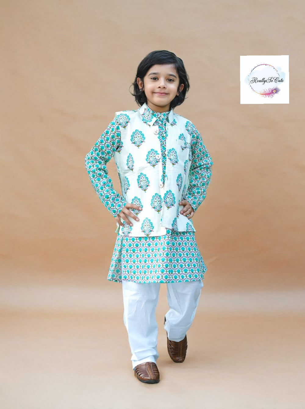 Blue block print jacket kurta pajama set, boy kurta pajama
