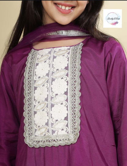 Purple silk kurti sharara dupatta set, Muslin silk kurta sharara