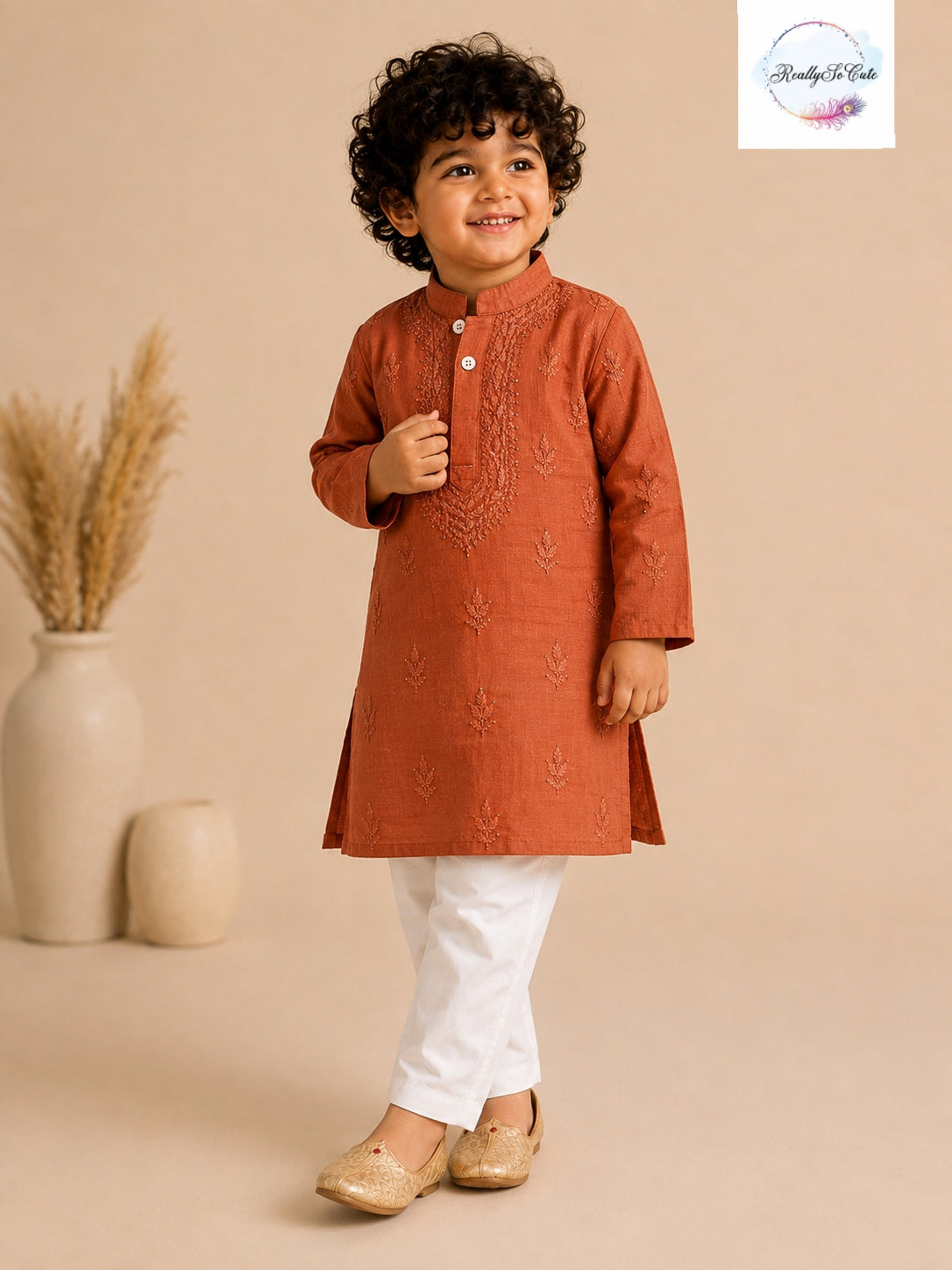 Boys Rust Handwork Chikankari Kurta Pajama Set | Pure Cotton