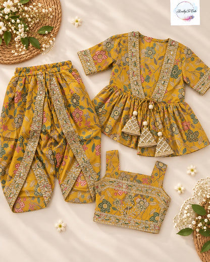 Mustard Yellow Floral Embroidered Dhoti Pant Set for Girls | 3-Piece Ethnic Wear