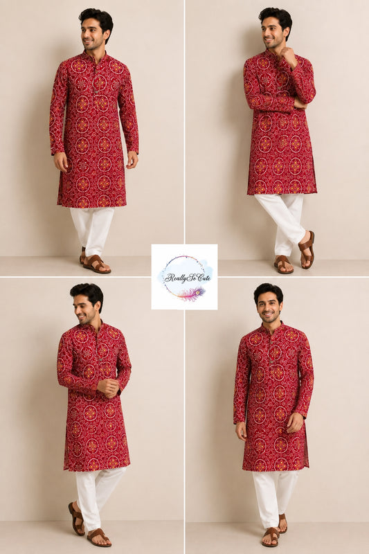 Red Bandhani Print Pure Cotton Men’s Kurta Pajama Set | Ethnic Festive Wear | Sizes S–XXXL | Family Combo Available