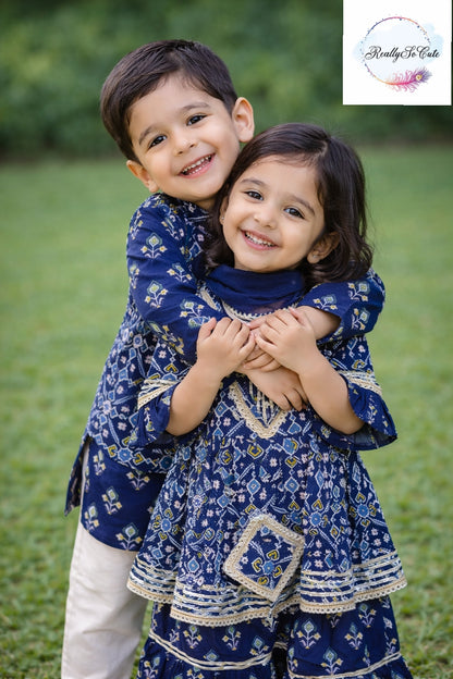 Blue patola jacket kurta pajama set, boy kurta pajama