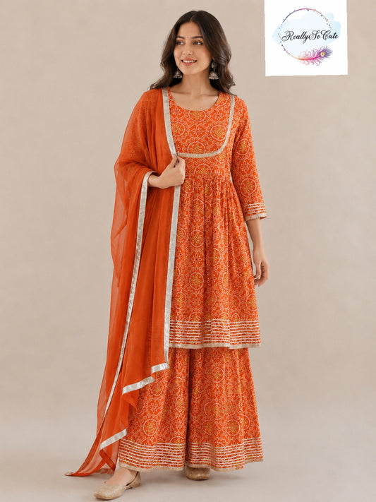 Orange Bandhani Cotton Kurta Set for Women with Dupatta | Pure Cotton Ethnic Wear | Sizes S–XXL