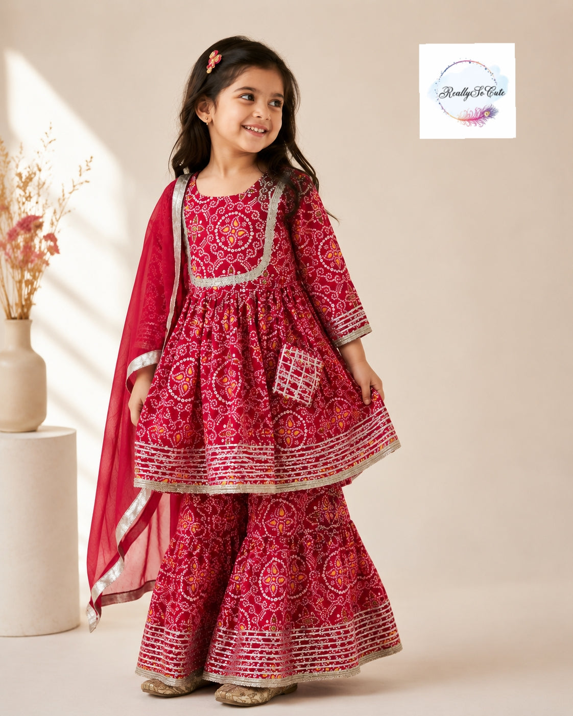 Girls Red Bandhani Print Cotton Kurti Sharara Set with Dupatta,Kids Bandhani Outfit USA