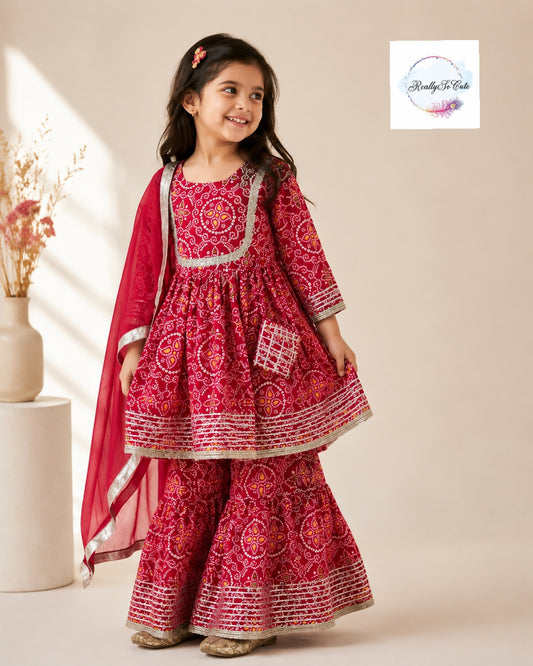 Girls Red Bandhani Print Cotton Kurti Sharara Set with Dupatta