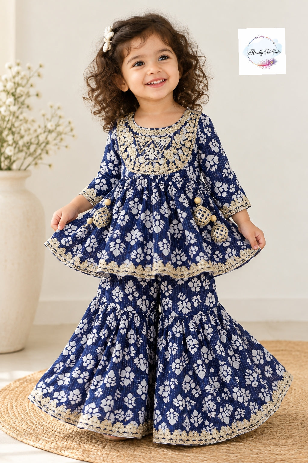 Indigo Blue Printed Girls Sharara Set with Gold Embroidery | Traditional Ethnic Wear