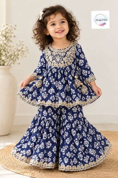 Indigo Blue Printed Girls Sharara Set with Gold Embroidery | Traditional Ethnic Wear