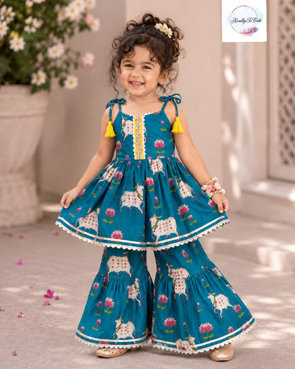 Pichwai Floral Print Pure Cotton Girls Sharara Set – Teal | 1–6 Years