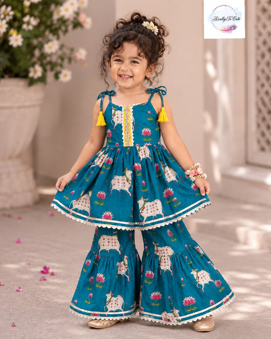 Pichwai Floral Print Pure Cotton Girls Sharara Set – Teal | 1–6 Years