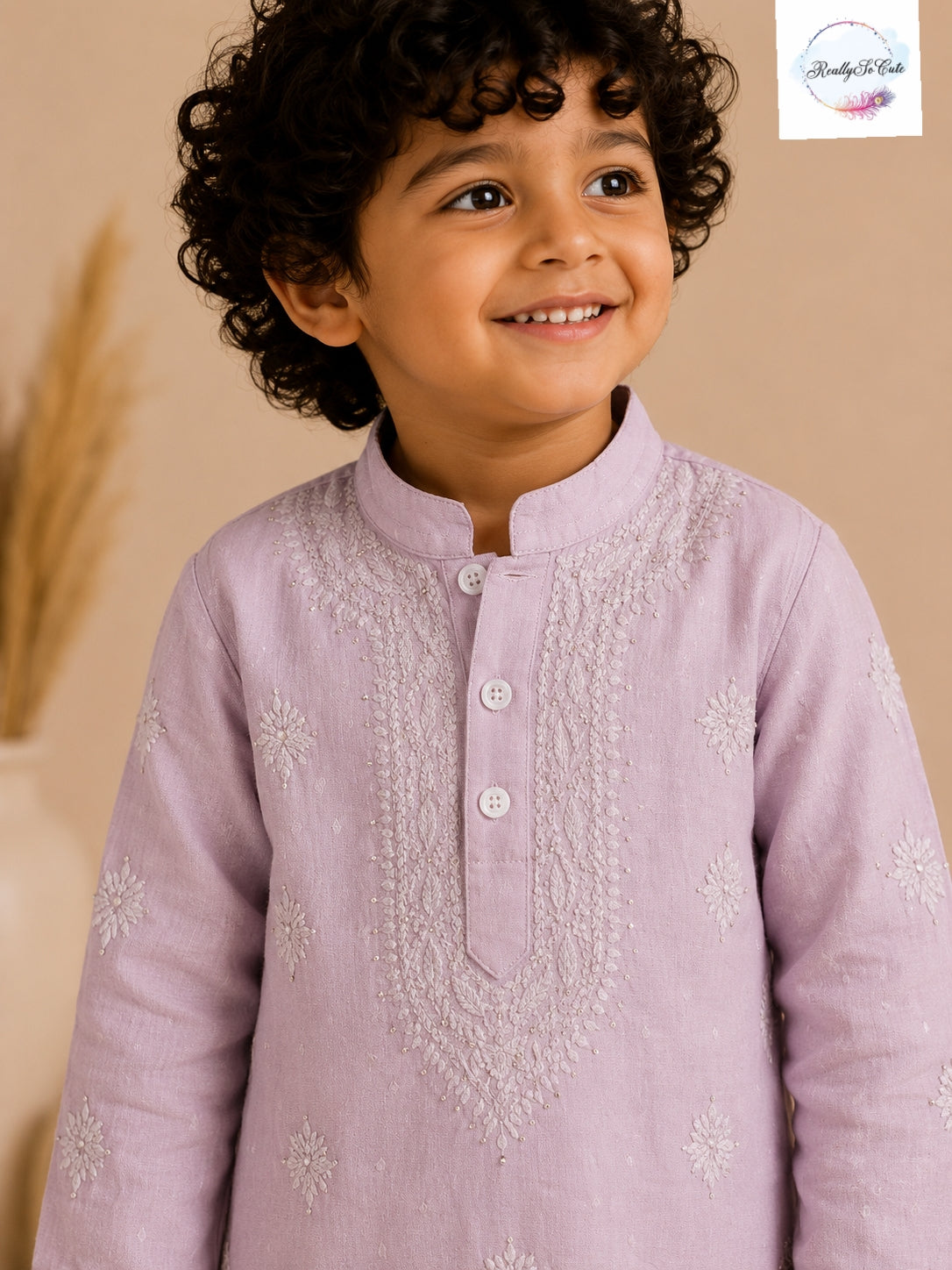 Boys Mauve Pink Handwork Chikankari Kurta Pajama Set | Pure Cotton