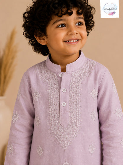 Boys Mauve Pink Handwork Chikankari Kurta Pajama Set | Pure Cotton