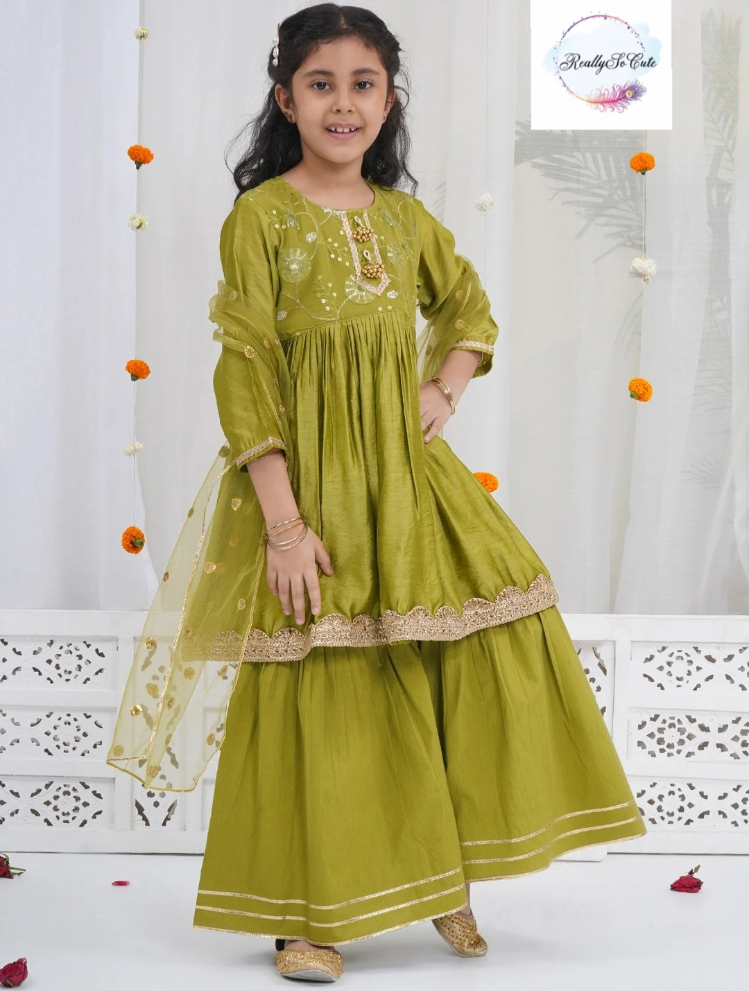Chanderi girl 3 piece sharara Kurti set